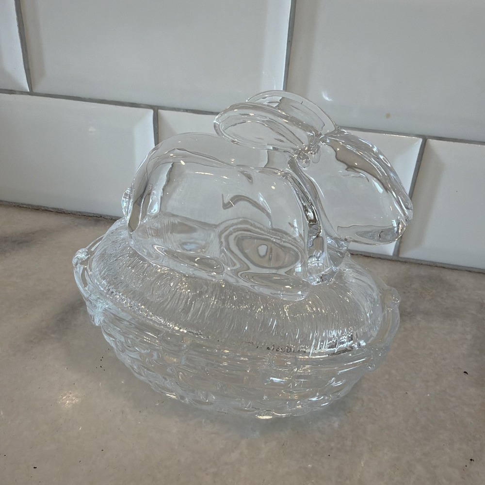 Vtg William Sonoma Bunny on Nest Rabbit Clear Glass‎ Covered Candy Dish